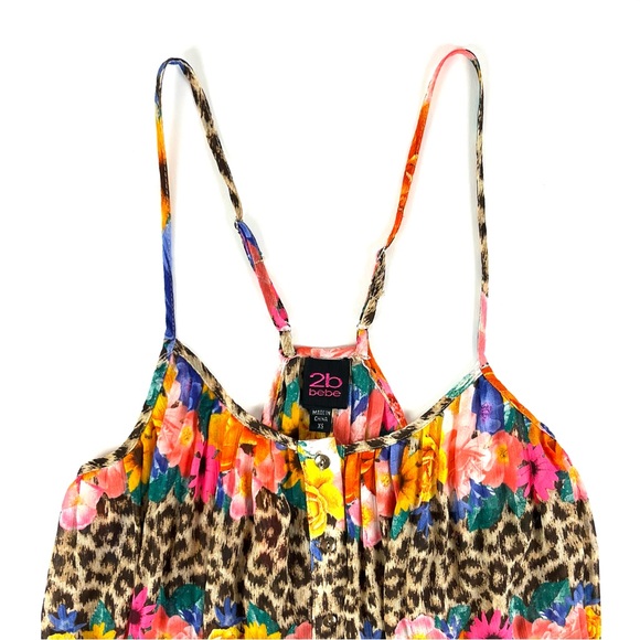 Bebe 2B Floral Animal Print Button-Up Pleated Tank Top - Picture 4 of 7
